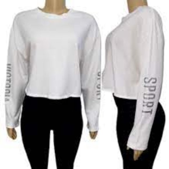 NWOT Victoria's Secret Sport crop pullover sweater glitter logo sleeves, Sz. M - Picture 2 of 4